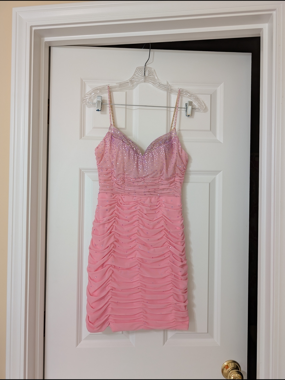 Homecoming/Party Sparkling Pink Ruched Spaghetti Strap Mini Dress